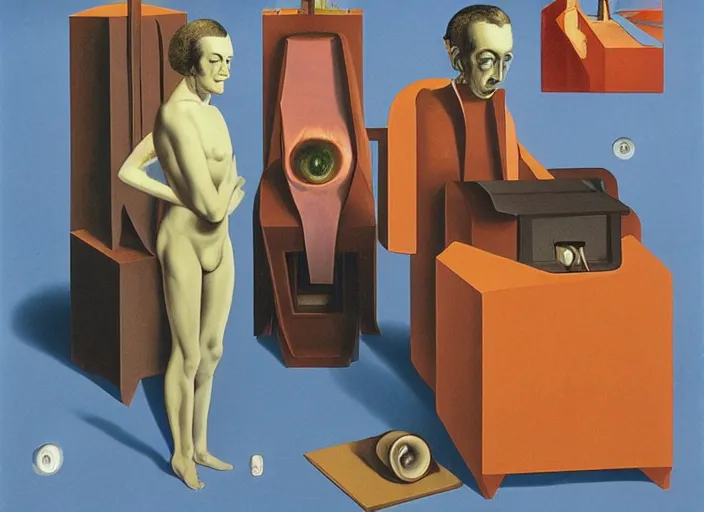 Image similar to strange machine making copies of weird small beings by salvadore dali and rene magritte