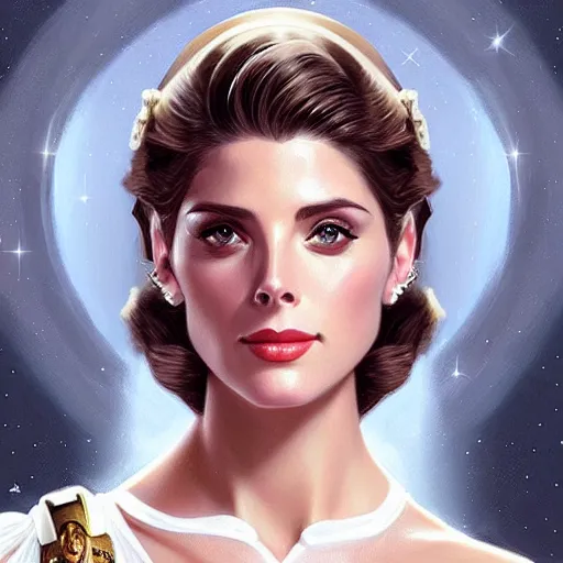 Image similar to Ashley Greene's face combined with Grace Kelly's face as a Space Marine, western, D&D, fantasy, intricate, elegant, highly detailed, digital painting, artstation, concept art, matte, sharp focus, illustration, art by Artgerm and Greg Rutkowski and Alphonse Mucha