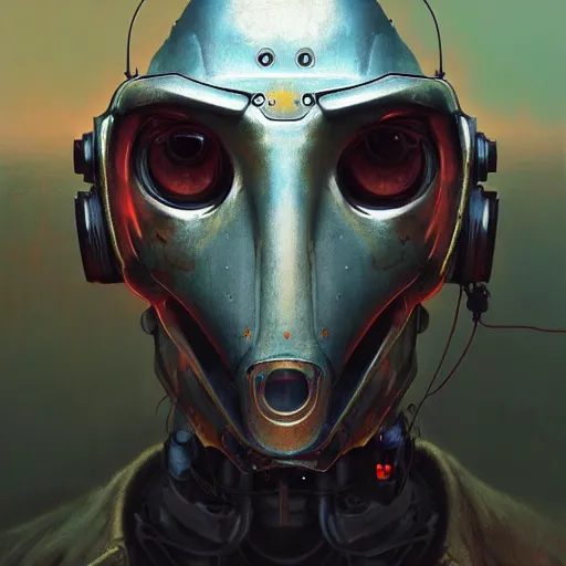 Image similar to a expressive portrait of masked diesel punk robot, depth of field background, artstation, award - winning realistic sci - fi concept art by jim burns and greg rutkowski, beksinski, a realism masterpiece, expressive color palette, james gilleard, bruegel, alphonse mucha, and yoshitaka amano