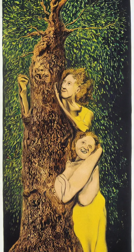 Image similar to Marie Curie hugging a tree by Salvador Dalí