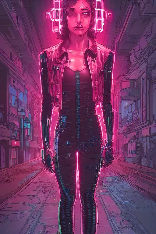 Image similar to portrait of a cyberpunk girl with a ribbed biomechanic parts and neon light, illustrated by Laurie Greasley and Michael Whelan and Igor Morski, crepy ambiance, highly detailed, trending on artstation