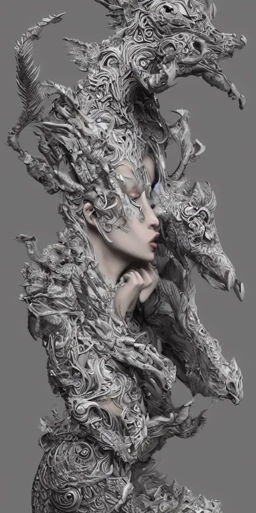 Prompt: a sculpture of mythical creatures by geenss archenti flores, elegant and beautiful female face, intricate psychedelia, elegant, highly detailed, artstation, concept art, ambient occlusion, vray render,