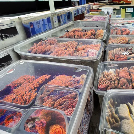 Image similar to peterhead fish market selling boxes of coral reef 4k wide angle