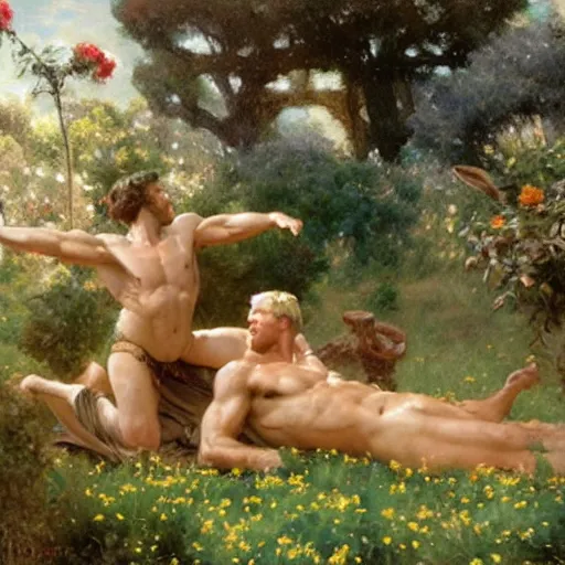 Image similar to hercules and achilles frolic in a meadow of beautiful flowers, large topiary and marble pillars in the background, painting by gaston bussiere, craig mullins, j. c. leyendecker, tom of finland