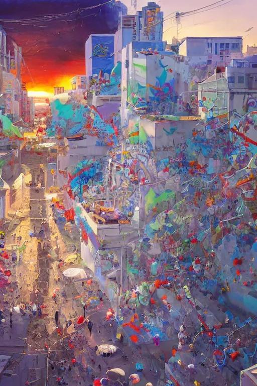 Image similar to people in a busy city people looking at a white building covered with a 3d graffiti mural with paint dripping down to the floor, hiroshi yoshida, painterly, yoshitaka Amano, artgerm, moebius, loish, painterly, and james jean, illustration, sunset lighting