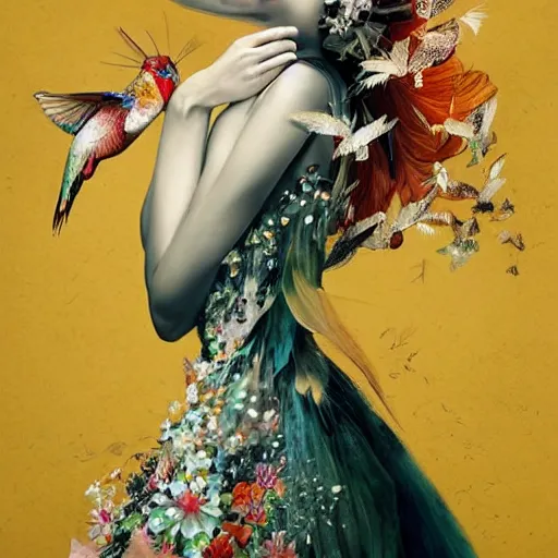 Prompt: beautiful fashion illustration of an enchanting girl wearing an origami dress, hummingbirds, elegant, by esao andrews, by eiko ishioka, givenchy, by peter mohrbacher, centered, floral ornamentic on cloth and hair, detailed beautiful face, high depth of field, fresh colors, vogue, japanese, new yorker, reallusion character creator