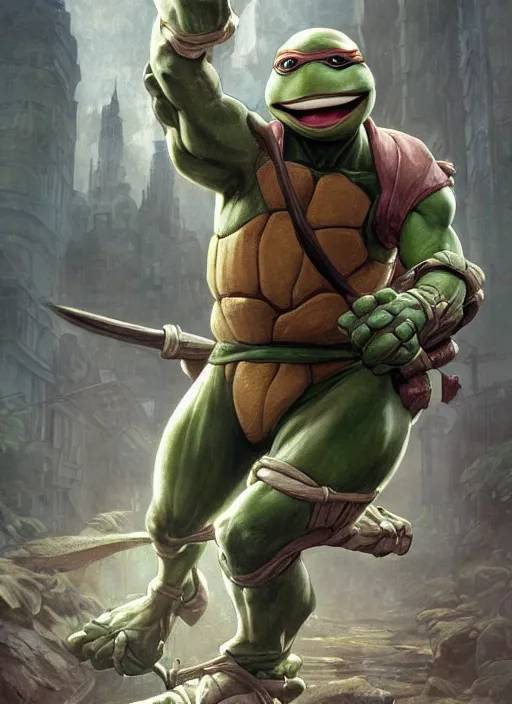 Prompt: elegant renaissance concept art of a male young muscular teenage mutant ninja turtle 1 9 9 0 film, full figure dynamic fighting pose, fantasy, intricate, highly detailed, digital painting, artstation, smooth, sharp focus, illustration, art by artgerm and greg rutkowski and alphonse mucha