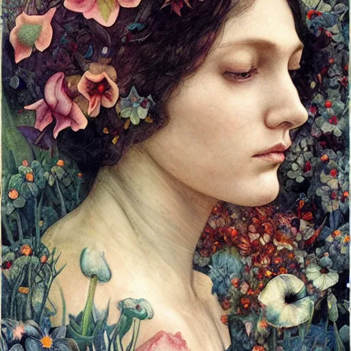 Image similar to flower queen, by annie swynnerton and tino rodriguez and charlie bowater and tom bagshaw and nicholas roerich and jean delville and evelyn de morgan and lucien freud, dramatic lighting, floral tattoos, rich colors, smooth sharp focus, extremely detailed, adolf wolfli