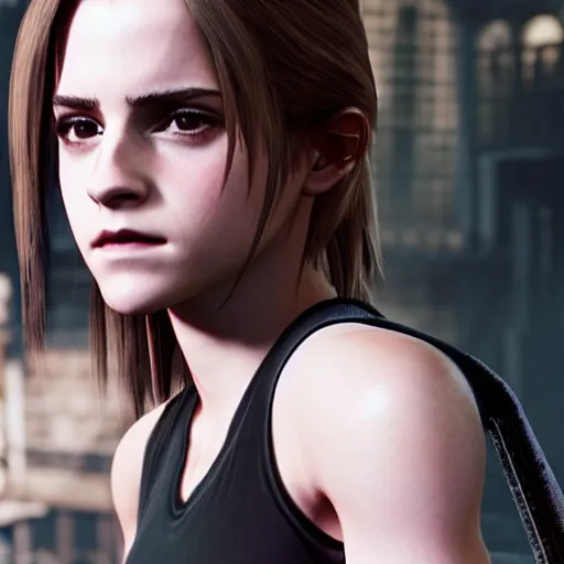 Image similar to emma watson in final fantasy vii remake, character render, full body shot, highly detailed, in game render