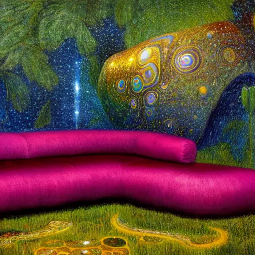 Image similar to psychedelic couch sofa in the lush forest, milky way, designed by arnold bocklin, jules bastien - lepage, tarsila do amaral, wayne barlowe and gustave baumann, cheval michael, trending on artstation, mediterranean, star, sharp focus, colorful refracted sparkles and lines, soft light, 8 k 4 k