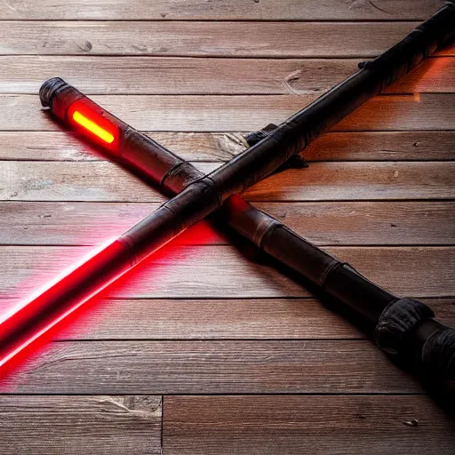 Image similar to a real light saber on a wooden table, 4k, high detail, high-resolution photograph, professional photography, ultra-detail