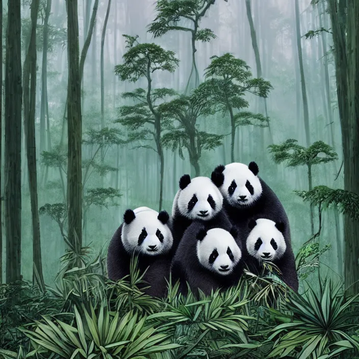 Prompt: family of gigantic pandas with a lot of glass details, a lot of exotic vegetation, trees, flowers, dull colors, in the foggy huge forest, by moebius, junji ito, tristan eaton, victo ngai, artgerm, rhads, ross draws, hyperrealism,