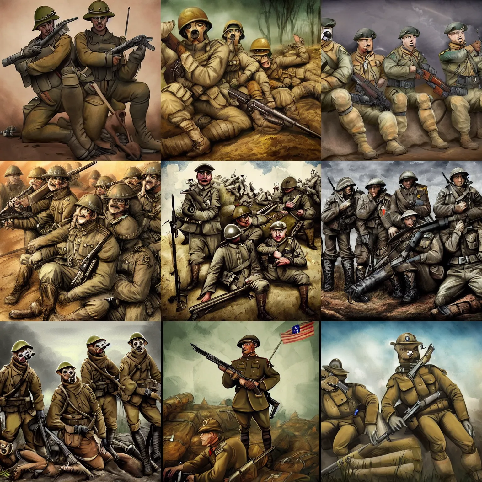 Prompt: anthro animal soldiers in a trench resting in the style of WW1 propaganda trending on artstation deviantart Pinterest detailed High Resolution HD 8k