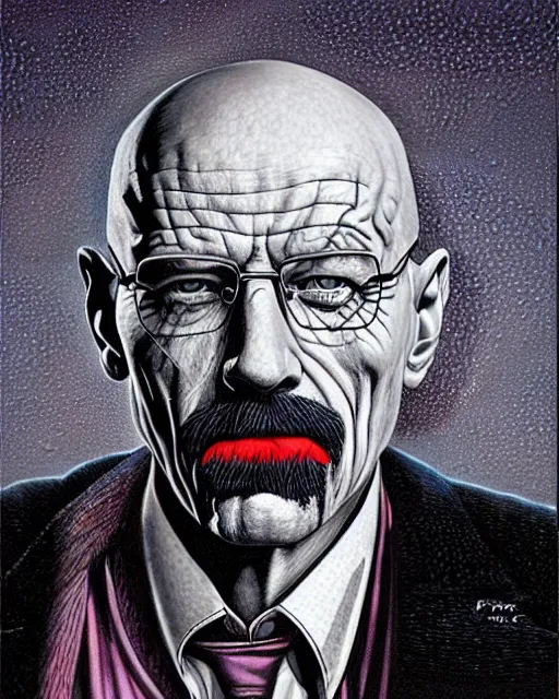 Image similar to portrait of walter white as the joker, illustration, art by neil gaiman and peter elson