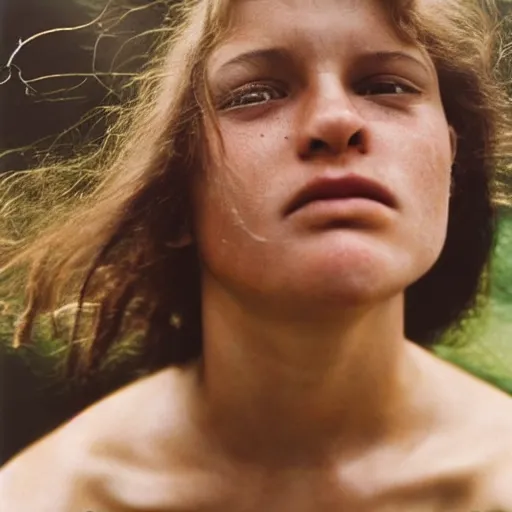 Prompt: a candid extreme closeup portrait of an expressive face of fascinated young woman by annie leibovitz