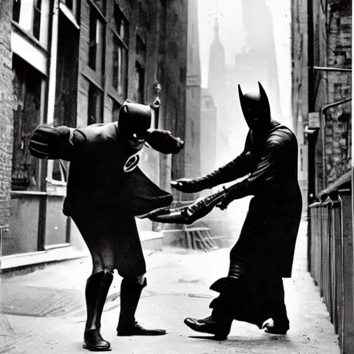 Image similar to old black and white photo, 1 9 2 5, depicting batman fighting a man in vintage suit in an ally of new york city, rule of thirds, historical record