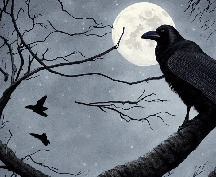 Prompt: a hyper-detailed movie poster, , close-up portrait of a crow flying above a tree in front of the full big moon; an extraordinary masterpiece!!!; flawless; proud posture; photorealistic eyes; trending on artstation; f/1.4; 90mm