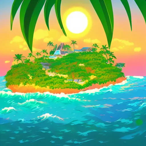 Image similar to beautiful isometric tropical island by Studio Ghibli, cinematic sunrise lighting, stunning waves, hyper realistic award winning photography