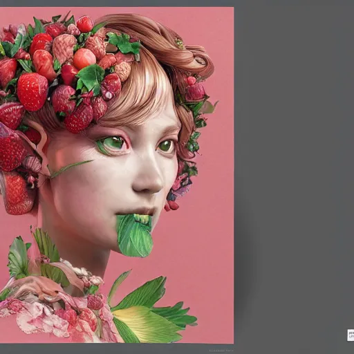 Image similar to the portrait of an absurdly beautiful, graceful, elegant, sophisticated woman made of strawberries and green petals, an ultrafine hyperdetailed illustration by kim jung gi, irakli nadar, proportions, intricate linework, bright colors, octopath traveler, final fantasy, unreal engine 5 highly rendered, global illumination, radiant light, detailed and intricate environment