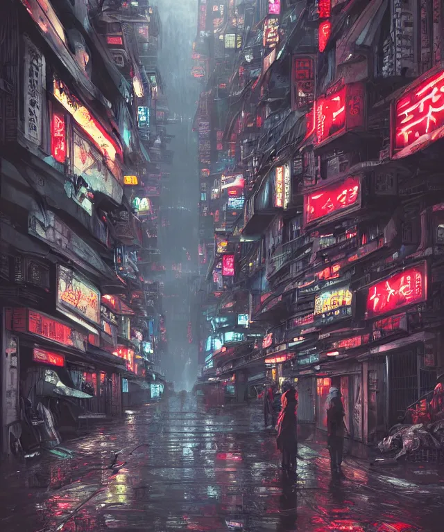 Prompt: insane perspective of street sidevue fromneo tokyo with a big red robot waiting, realistic shaded , humid ground, artstation, art by moebius, disney fantasy style, blade runner rainy mood, people and creatures walking , neon ombrellas, volumetric light, neon lights, science fiction elements, lampposts, rainy mood