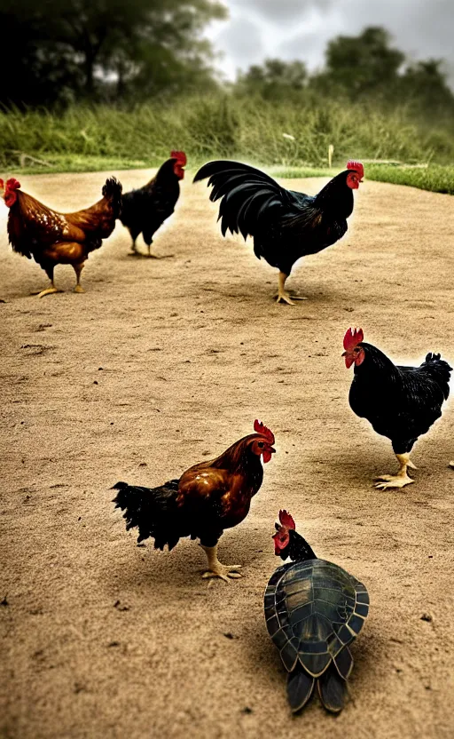 Image similar to chickens battling turtles, wide angle shot by greg rutkowski