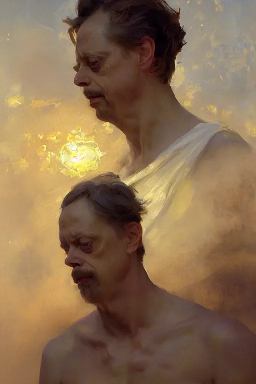 Image similar to beautiful impressionistic oil painting portrait of ancient roman god emperor steve buscemi ascending wearing the civic crown levitating in religious pose, art by anders zorn, wonderful masterpiece by greg rutkowski, expressive brush strokes, beautiful cinematic light, american romanticism by greg manchess, jessica rossier