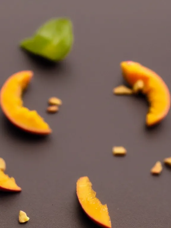 Prompt: miniature diorama of yogurt mango pieces macro