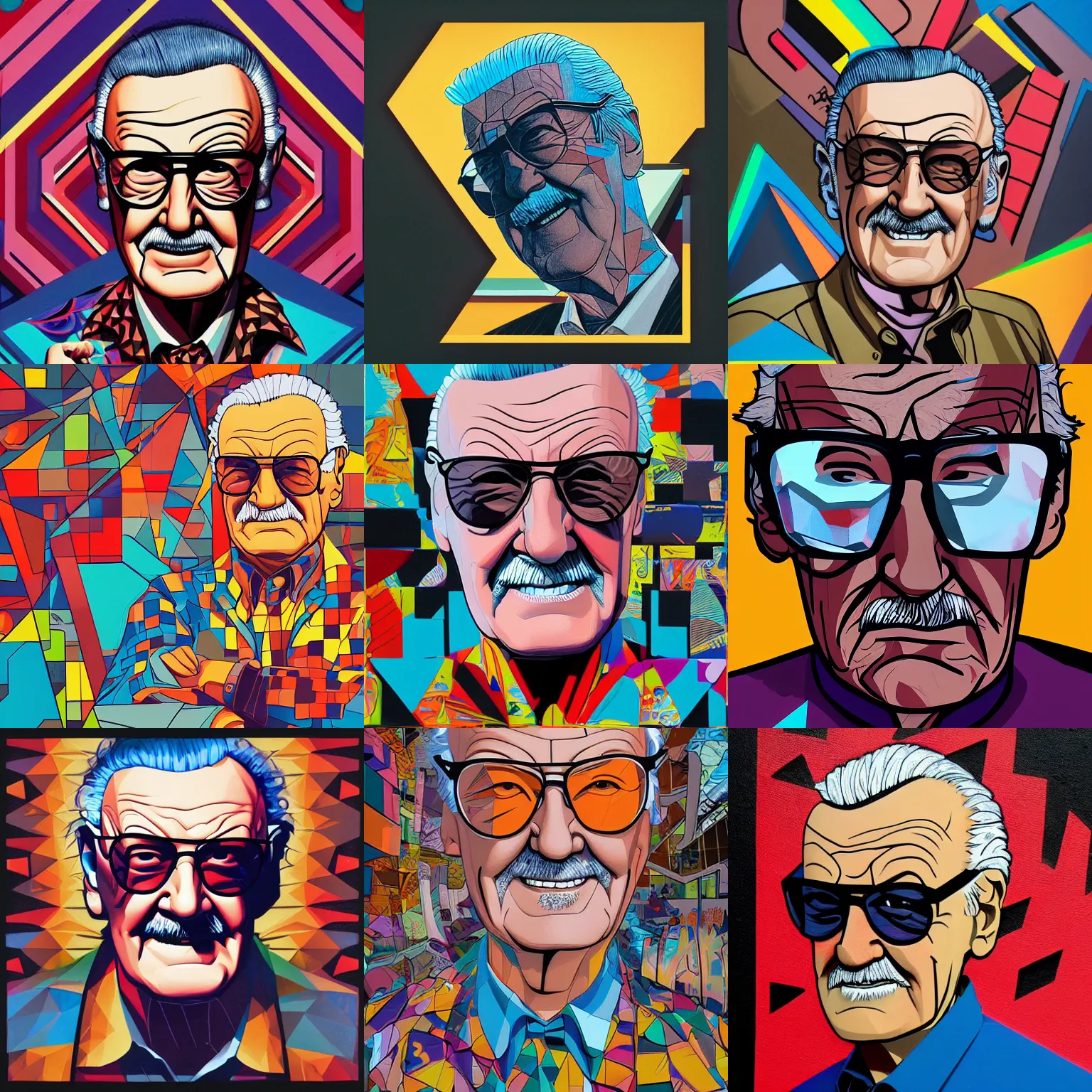 Prompt: profile picture of stan lee, graffiti, hard edges, geometric 3 d shapes, og, trippy, asymmetrical, surreal, 8 k, highly detailed, low poly masterpiece by sachin teng