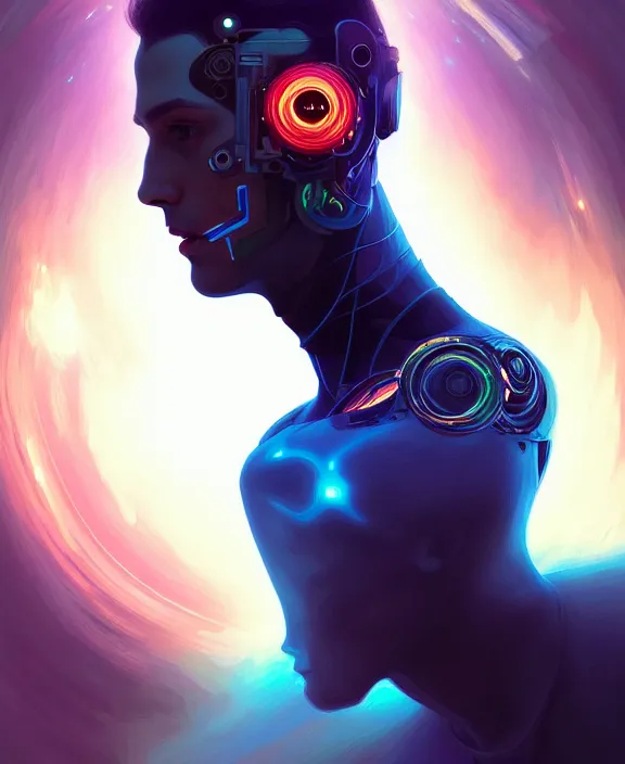 Image similar to a whirlwind inside the metaverse, guy, male, man, hologram, half body, neurochip, android, cyborg, cyberpunk face, by loish, d & d, fantasy, intricate, elegant, highly detailed, colorful, digital painting, artstation, concept art, art by artgerm and greg rutkowski and alphonse mucha