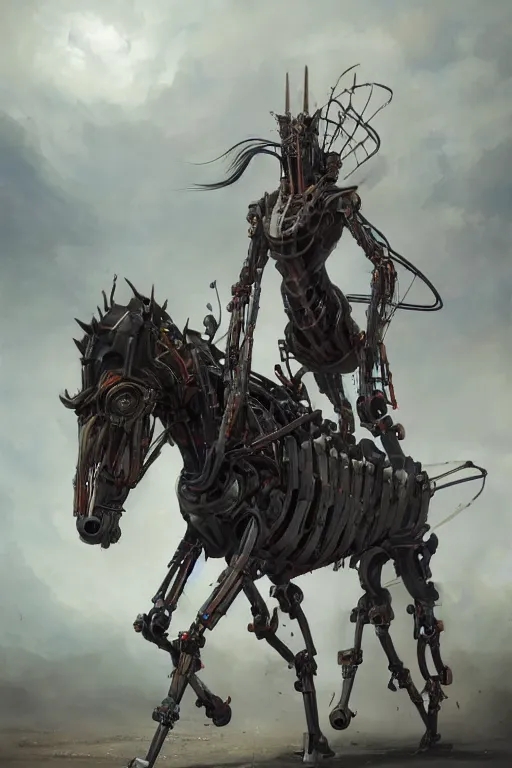 Image similar to 3 quarter view photography portrait of a biomechanical stalion horse illustrated by greg rutkowski and Akira Saito and Peter mohrbacher, boston dynamics, 4k,