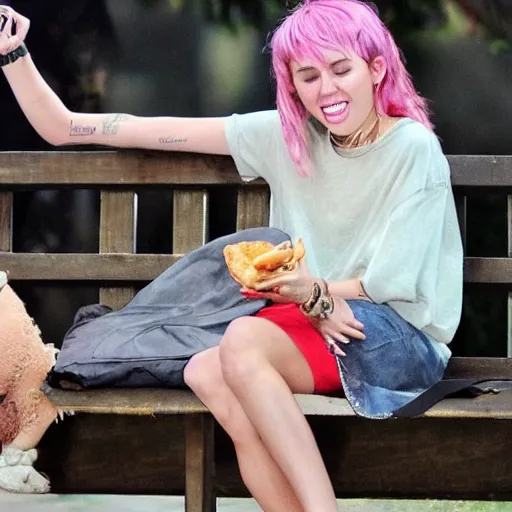 Image similar to miley cyrus sat on a bench eating cheese, thunderstorm, studio ghibli