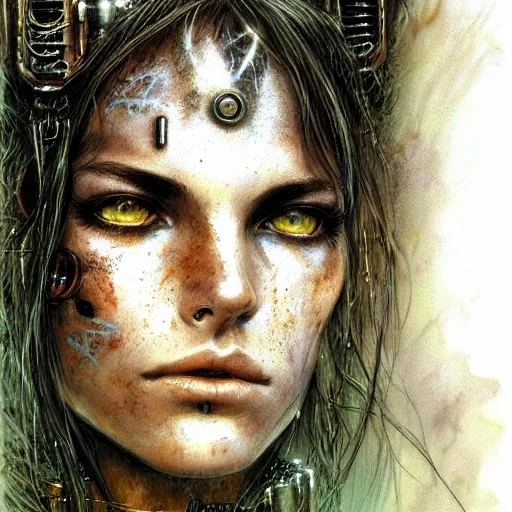 Image similar to an award finning closeup facial portrait by luis royo and john howe of a very beautiful and attractive female bohemian cyberpunk traveller aged 1 7 with green eyes and freckles in clothed in excessively fashionable cyberpunk gear and wearing ornate warpaint