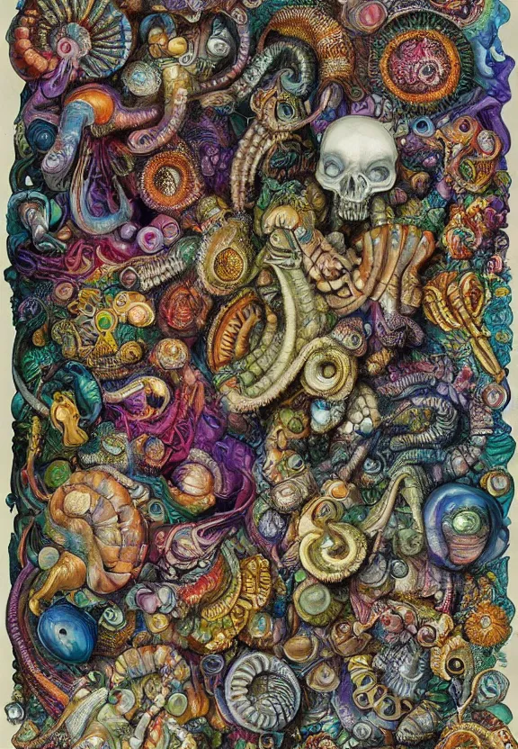 Prompt: simplicity, colorful muscular eldritch mollusks and bodies radiating town fractal, mandala white bones, colorful gems, brush pen, by h. r. giger and esao andrews and maria sibylla merian eugene delacroix, gustave dore, thomas moran, pop art, chiaroscuro, biopunk, art nouveau