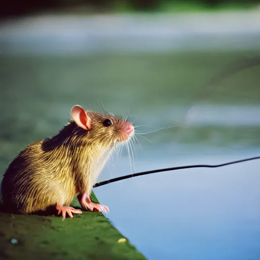 Image similar to 35mm photo of a rat fishing at a riverbank, water, well lit, bright and fun colors