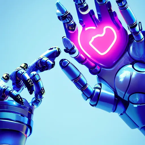 Prompt: robot's Heart-shaped fingers, Five fingers on the hand, a close up, steel, metal, colourful lighting blue and white, Wires, Mechanisms, cgsociety, octane render, trending on artstation, artstationHD, artstationHQ, unreal engine, 4k, 8k, 3d render, 3d Houdini, cinema 4d, octane, unreal engine 5, ue4,