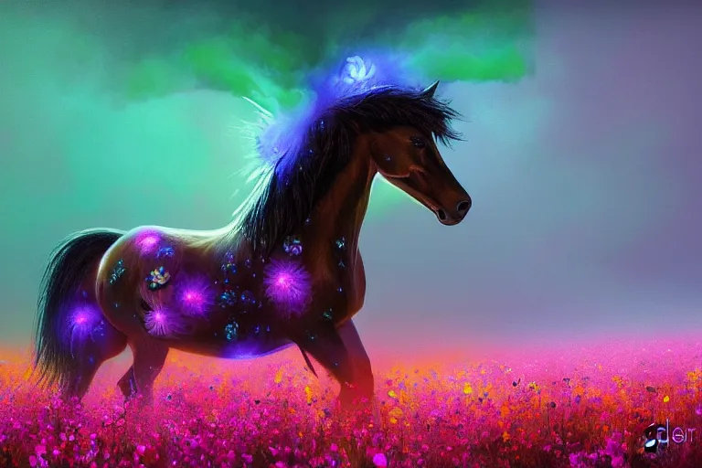 Image similar to a stunning digital painting of a horse with a mane of bioluminescent flowers running through a field of flowers by eddie mendoza, flowerpunk, volumetric light, digital art, fine detail, photorealistic