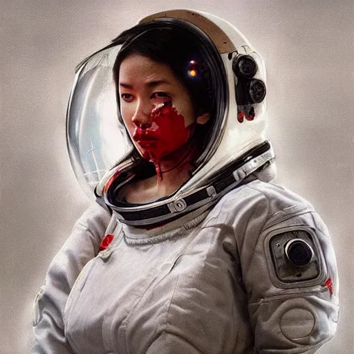 Prompt: asia woman bloodiedface in astronaut gear, ultra realistic, concept art, intricate details, eerie, horror, highly detailed, photorealistic, octane render, 8 k, unreal engine. art by artgerm and greg rutkowski and alphonse mucha