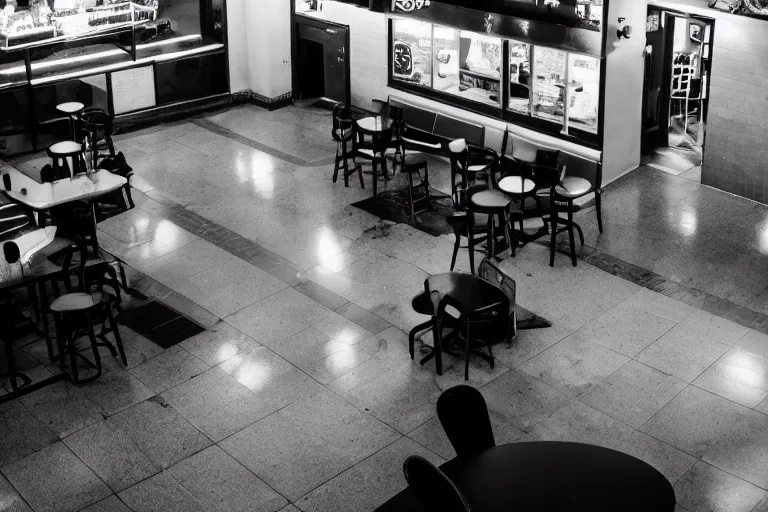 Image similar to overhead view, surveillance, black and white, grainy image, an empty fast food restaurant lobby with a lion that is roaring