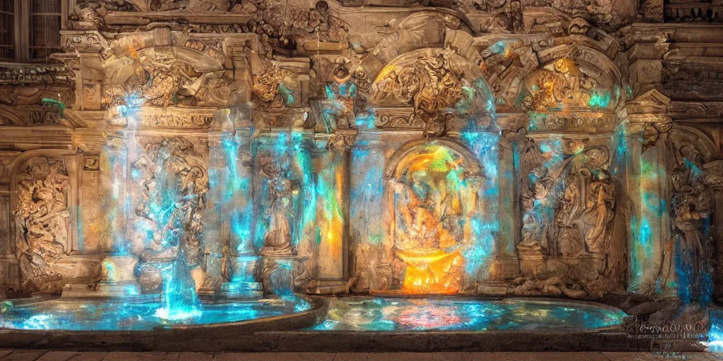 Image similar to Fontana delle Tette 1559-1560 glowpaint, rebirth symbolism, wide angle, cinematic atmosphere, elaborate, UV, Blacklight, highly detailed, dramatic lighting
