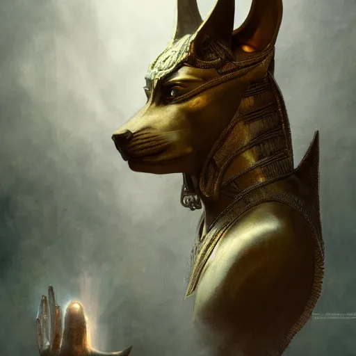 Image similar to portrait of anubis, intricate artwork, concept art, octane render, deviantart, cinematic, key art, hyperrealism, iridescent accents, portrait photograph, nikon 3 5 mm, photograph by greg rutkowski