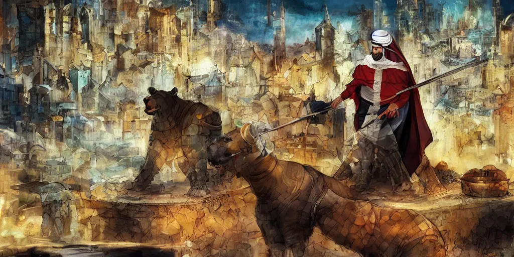 Image similar to sheikh mohammed ruler of dubai, medieval, village, claymore anime background, cooking a big bear, detailed features, concept art, cubism, illustration, smooth, sharp focus, intricate, 4 k