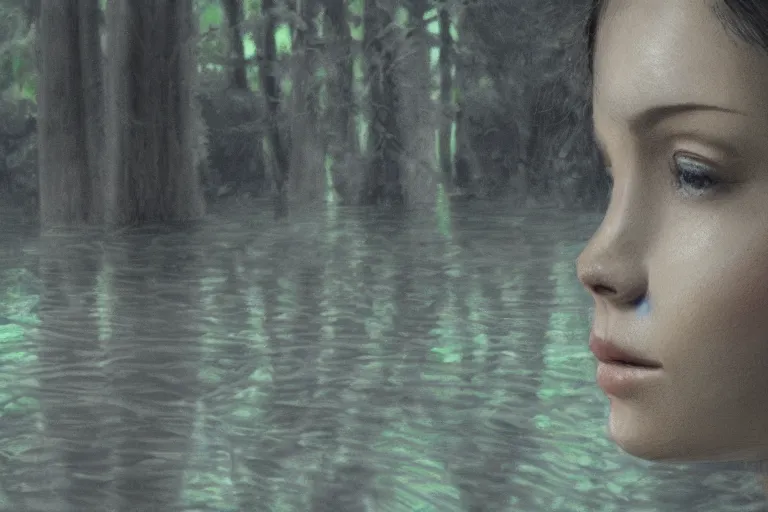 Prompt: a close-up of a woman staring at her reflection on a pond in a secret forest, very detailed, trending on artstation and deviantart