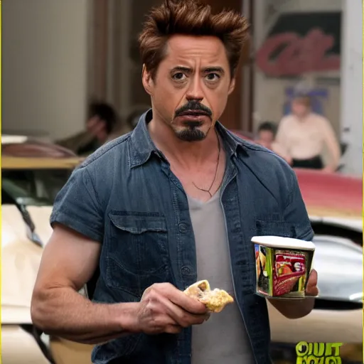 Image similar to a full portrait photo of robert downey jr eating ice cream in movie iron man, f / 2 2, 3 5 mm, 2 7 0 0 k, lighting, perfect faces, award winning photography.