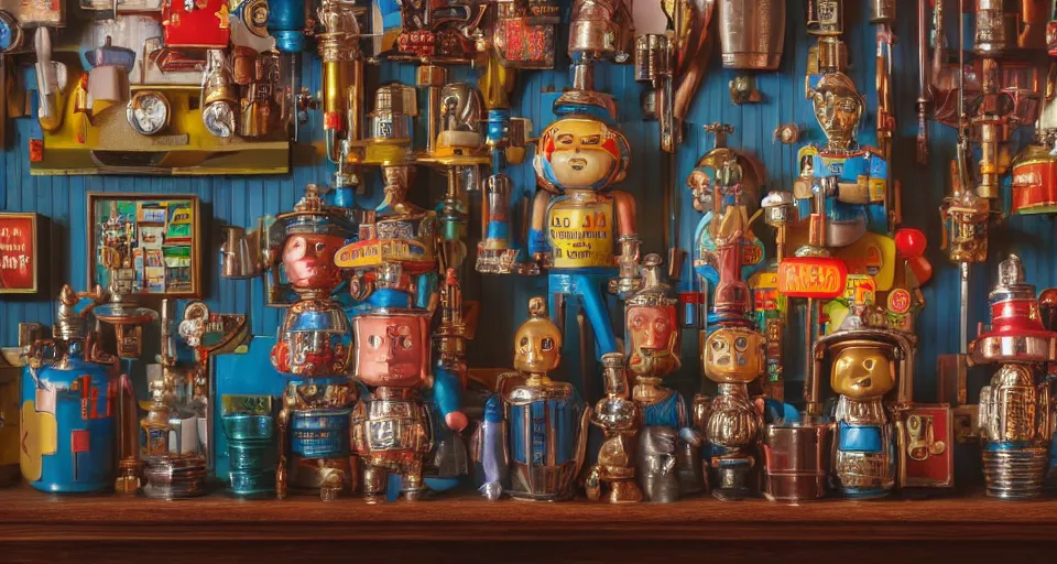 Prompt: closeup profile portrait of retro tin toy london pub 1 8 8 0, depth of field, detailed and intricate environment, 8 k resolution, hyperrealistic, octane render