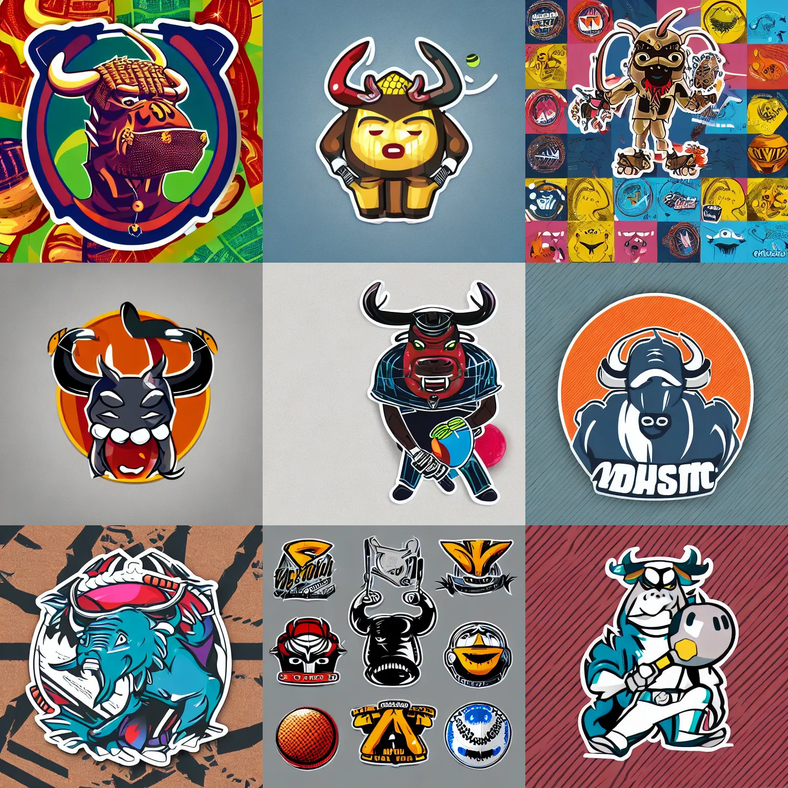 Image similar to “ aggressive anthropomorphic bull with a cricket ball, full body mascot, sticker, highly detailed, colorful, illustration, smooth and clean vector curves, no jagged lines, low noise, vector art, logo ”