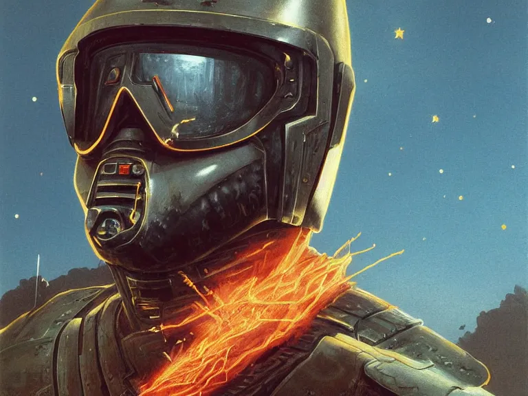 Image similar to a detailed profile portrait painting of a bounty hunter in combat armour and visor. Smoke. cinematic sci-fi poster. Cloth and metal. Welding, fire, flames, samurai Flight suit, accurate anatomy portrait symmetrical and science fiction theme with lightning, aurora lighting clouds and stars. Clean and minimal design by beksinski carl spitzweg moebius and tuomas korpi. baroque elements. baroque element. intricate artwork by caravaggio. Oil painting. Trending on artstation. 8k