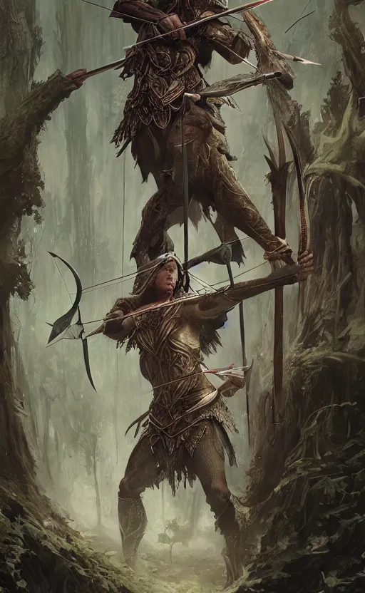 Prompt: portait of elven archer shooting arrow at forest monster, drark, marvel comics, dark, intricate, highly detailed, smooth, artstation, digital illustration by ruan jia and mandy jurgens and artgerm and wayne barlowe and greg rutkowski and zdislav beksinski