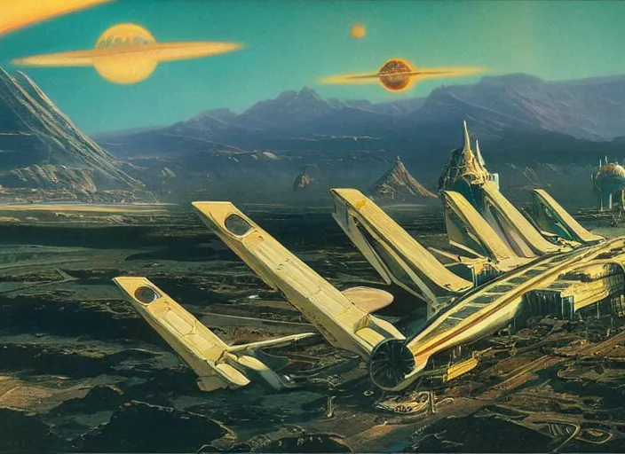 Prompt: a spaceport in a stunning landscape by bruce pennington