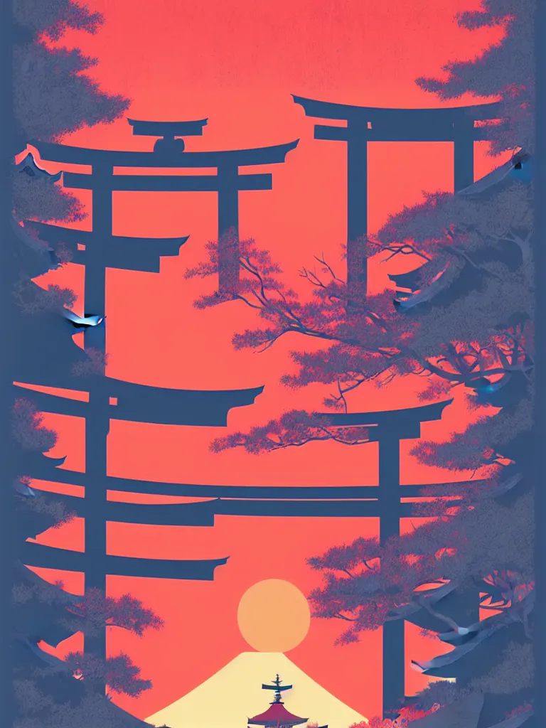 Prompt: a travel to japan poster illustration depicting a japanese torii gate, vintage style, detailed illustration, digital painting, vector art, trending on artstration, by anton fadeev, by alena aenami