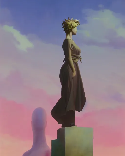 Image similar to a painting of a woman standing in front of a statue, a screenshot by stanley twardowicz, cgsociety, aestheticism, aesthetic, vaporwave, anime aesthetic